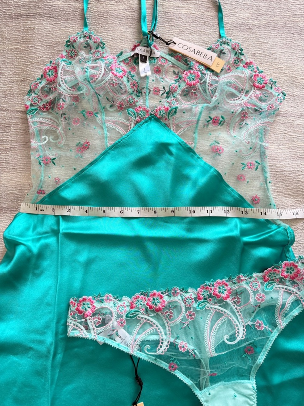 NWT! Cosabella Sanika Italian Turquoise Silk Chemise Size S with Panties Size M - Picture 11 of 16